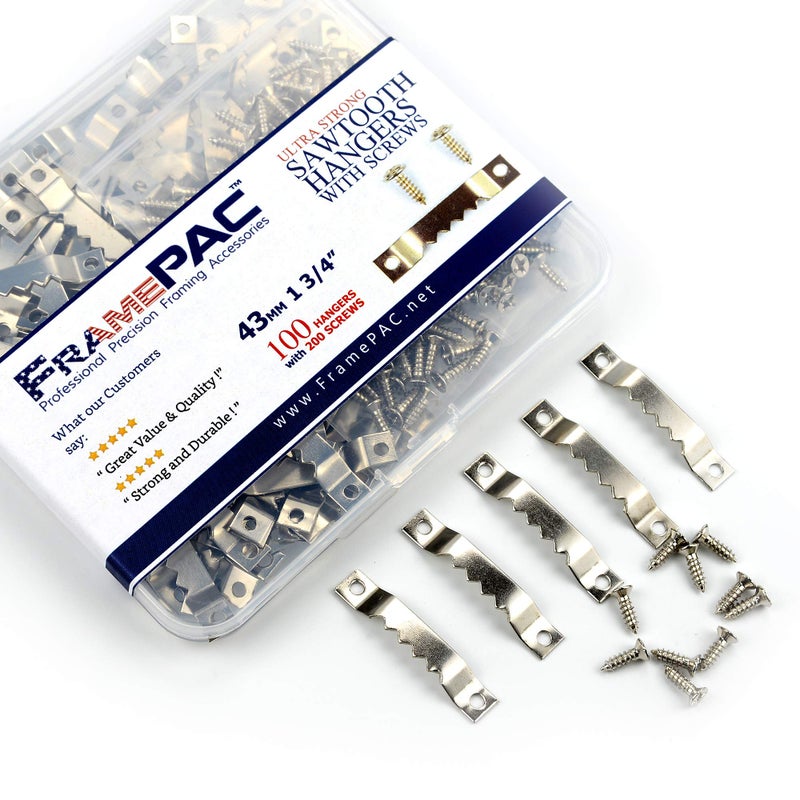 FramePac 100 Pack Small Sawtooth Picture Hangers Frame Hanging Saw Tooth Hooks with Screws & Storage Box Hanging Hardware for Paintings Pictures Canvas Photo Frames & Artwork (1 5/8") - Image 1
